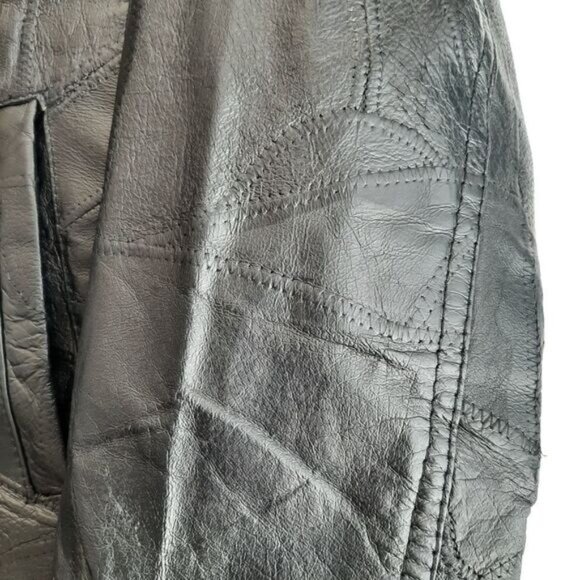 LE WORLD Vintage Genuine Leather Jacket Coat Patchwork Finish Black Sz L - Picture 6 of 14